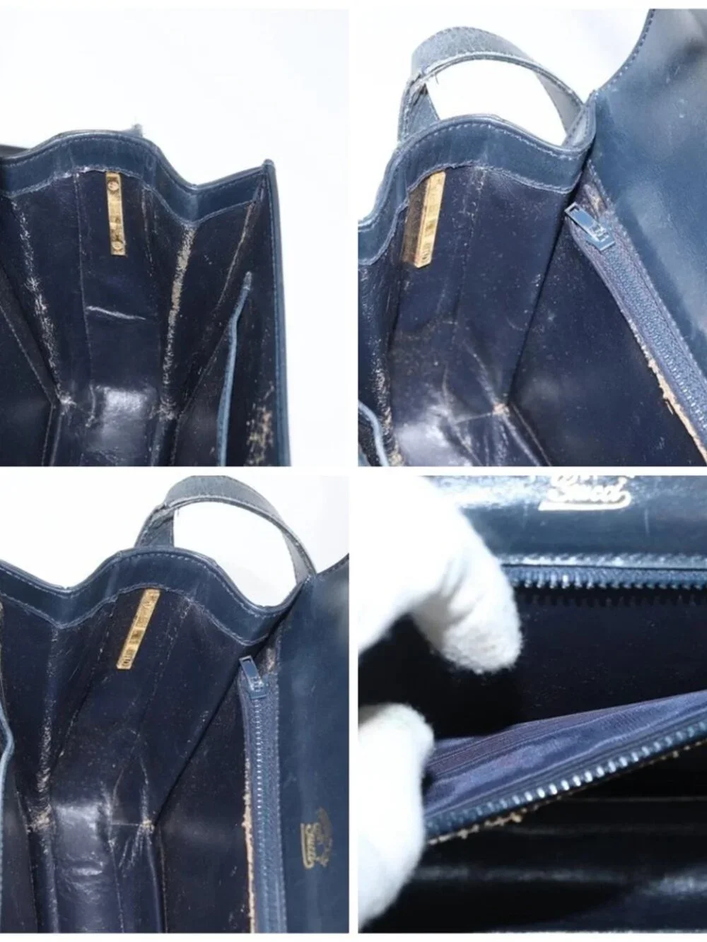GUCCI Shoulder Bag Leather Navy Gold Auth YKZ288